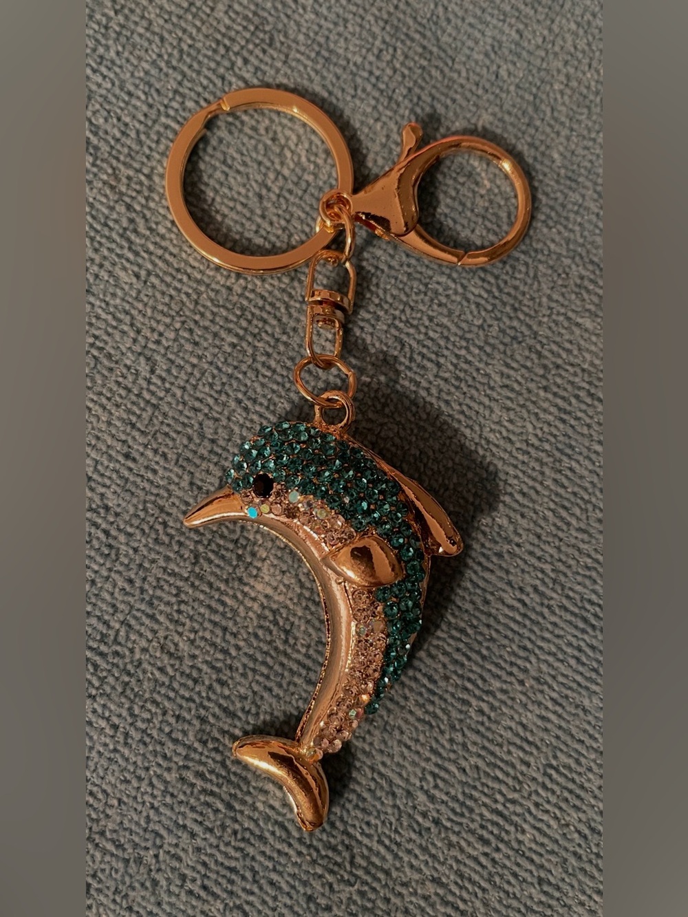 Gold Dolphin Keychain with Teal and Clear Crystals